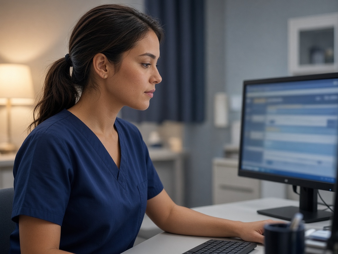 A staff member at a quiet surgery-center workstation