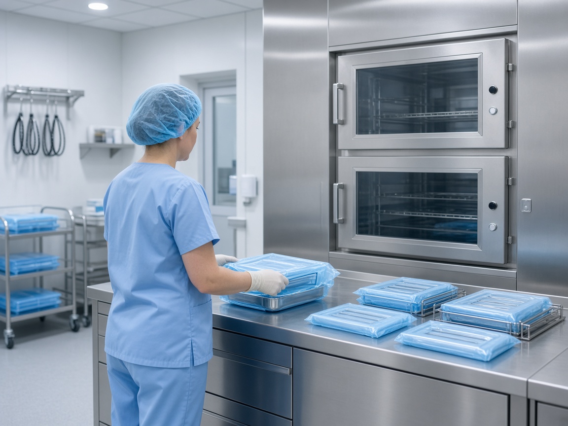 Sterile processing technician with wrapped instrument trays
