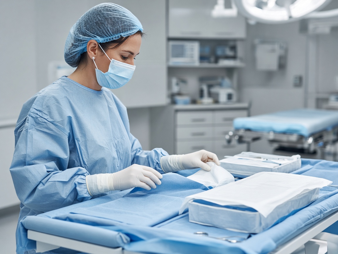 Surgical technologist preparing a covered instrument setup in an operating room