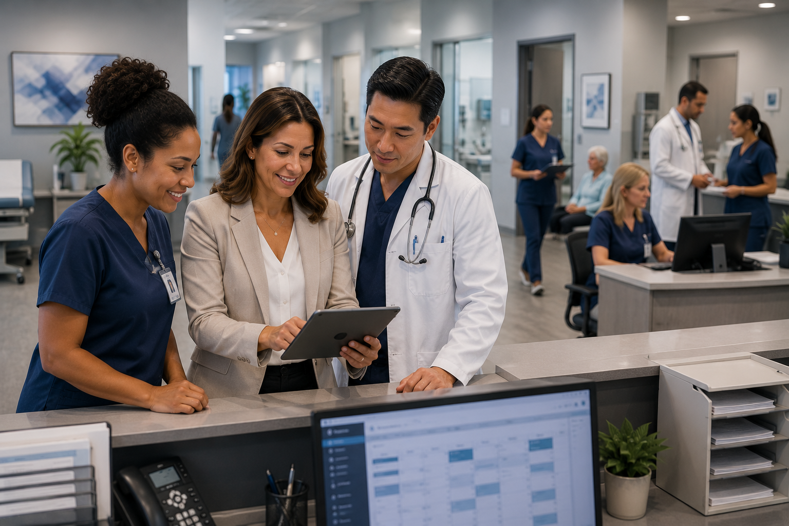 Healthcare professionals collaborating in a modern medical practice